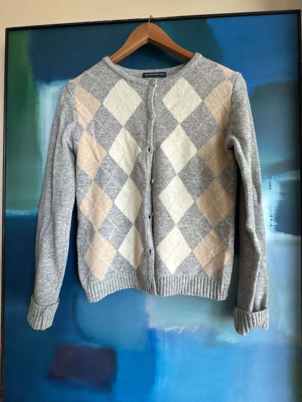Brandy Melville Gray and Beige Argyle Knit Button-Up Cardigan